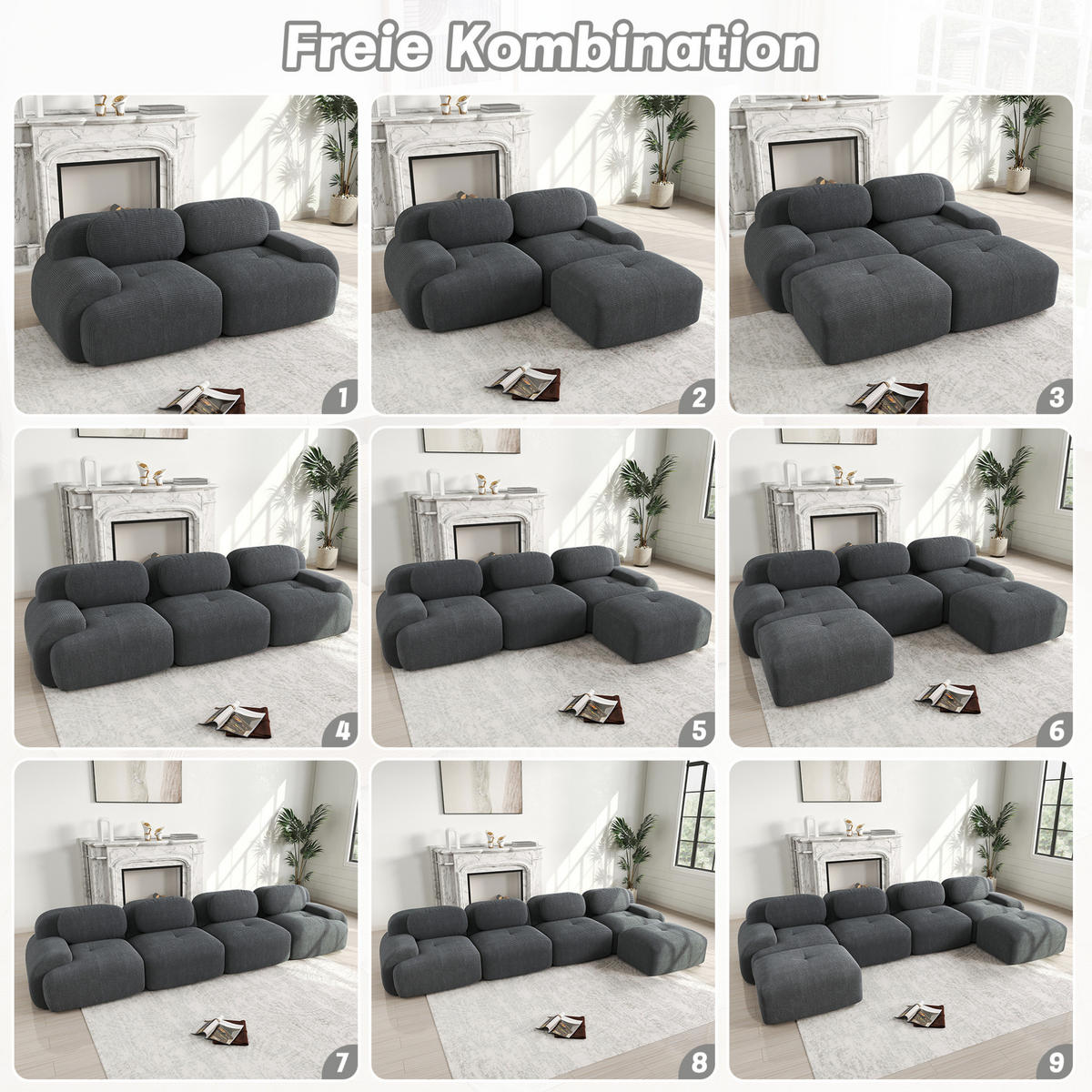 SOFA 208/178/70 cm in Grau aus Cord mit rutschfester Unterseite - Grau, Textil (178/70/208cm) - Flora Grace
