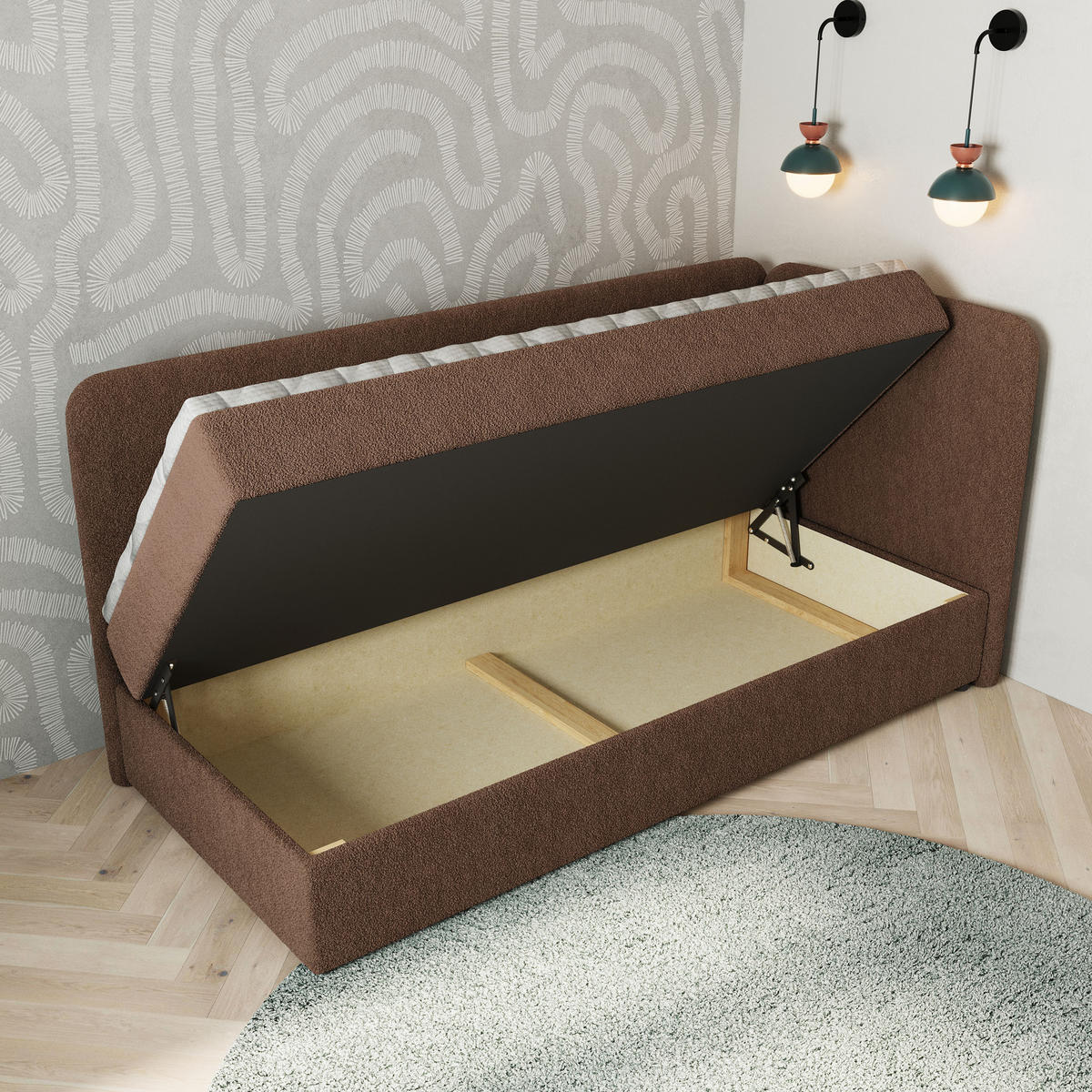 BOXBETT GINA 100x200 cm mit Matratze und Topper, H2+H3 - Braun - Braun, Holz (100/200cm) - MASSENO