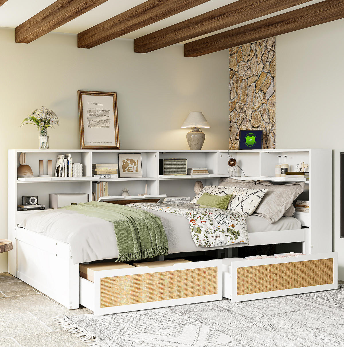 BETT 140/200 cm in Weiß mit Stauraum und USB-Ladeanschlüssen inkl. Lattenrost - Weiß, Holzwerkstoff (140/200cm) - BEAOK