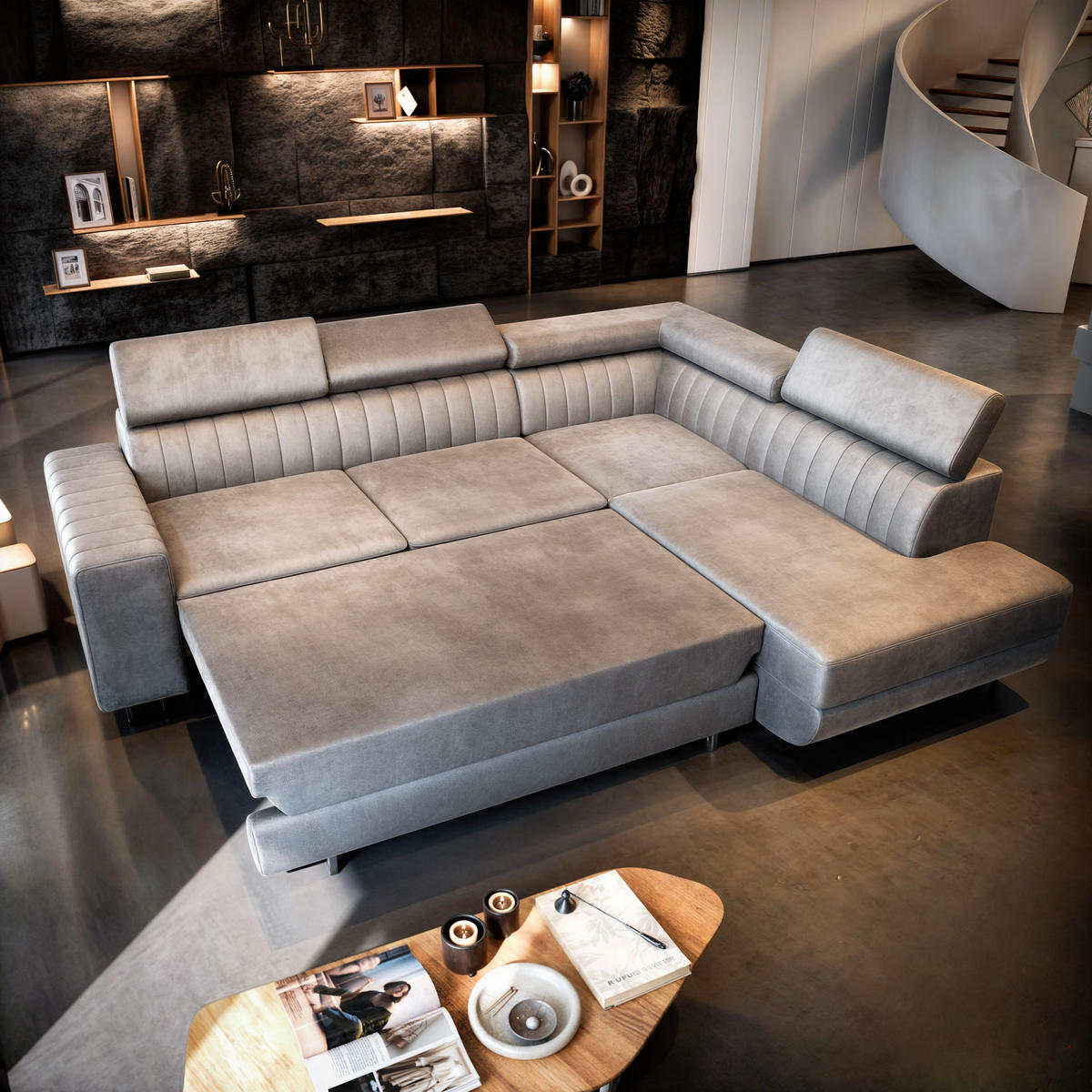 ECKSOFA NOLA R-S Schwarz Velours-Stoff mit Schlaffunktion - Schwarz, Holz (253/190cm) - MASSENO