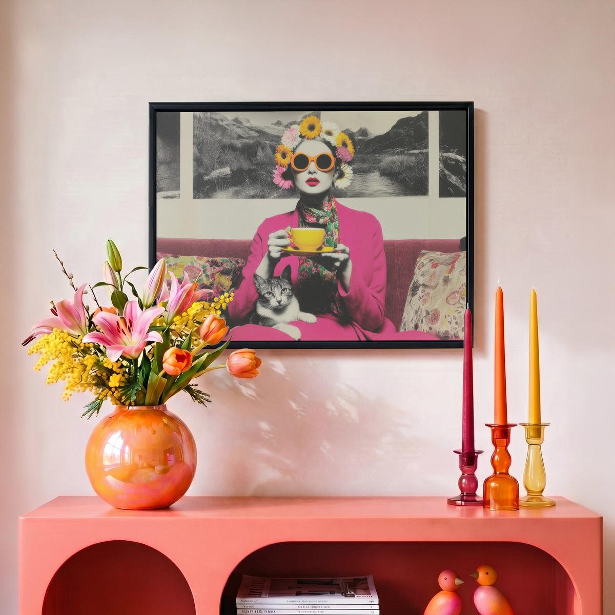 LEINWAND Bilder mit Rahmen - Frau - Katze - Blumen - Tasse - Retro - 40x30 - Magenta, Textil (40/30cm) - MuchoWow