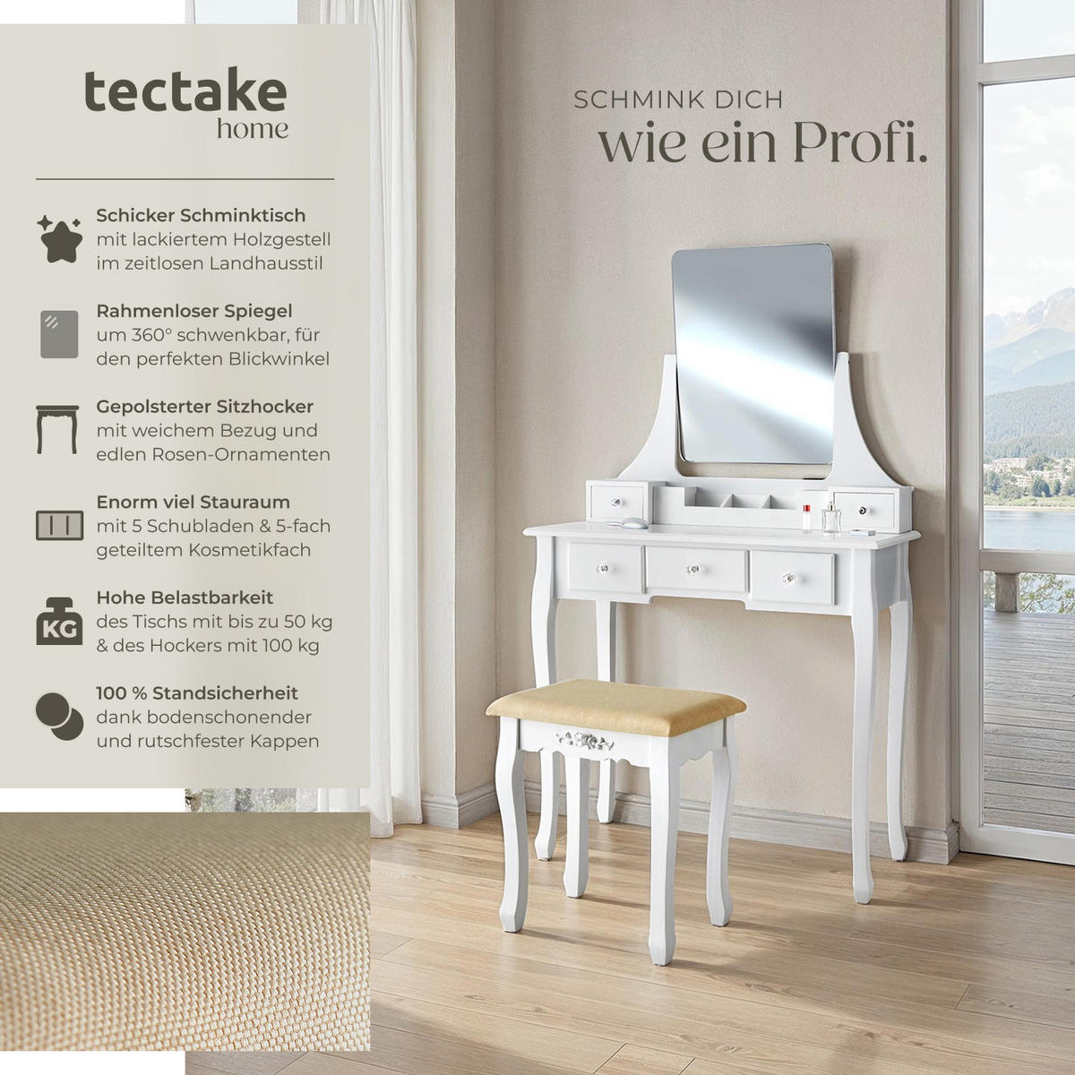 SCHMINKTISCH Claire,80 x 40 x 138 cm,weiß - Weiß, Holz (80/138/40cm) - tectake