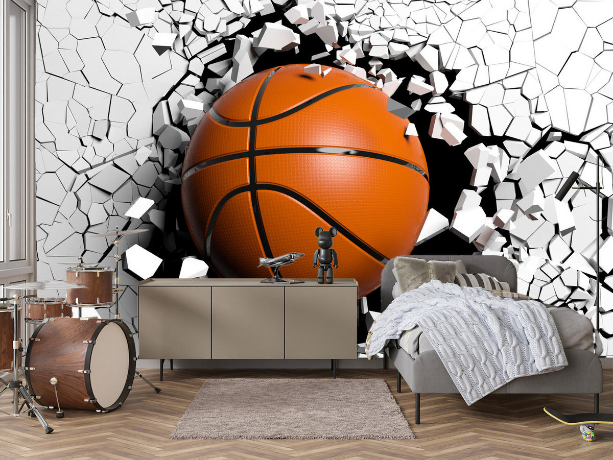 FOTOTAPETE für Jugendzimmer Basketball Wandbruch Sport 200x140 - Schwarz/Orange, Papier (200/140cm) - Muralo