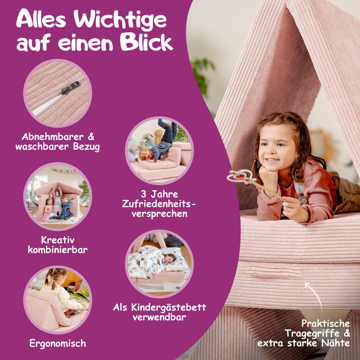KINDERSOFA Spielparadies - Rosa, Textil (66/52/150cm) - Linodino