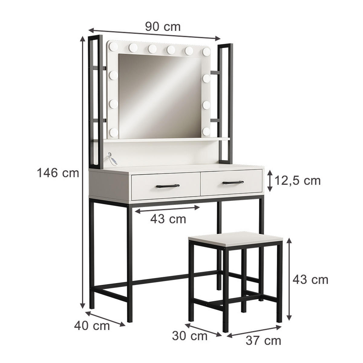 SCHMINKTISCH Luvia Weiß 90 cm mit LED-Beleuchtung und Hocker - Schwarz/Weiß, Holzwerkstoff (90/146/40cm) - Vicco