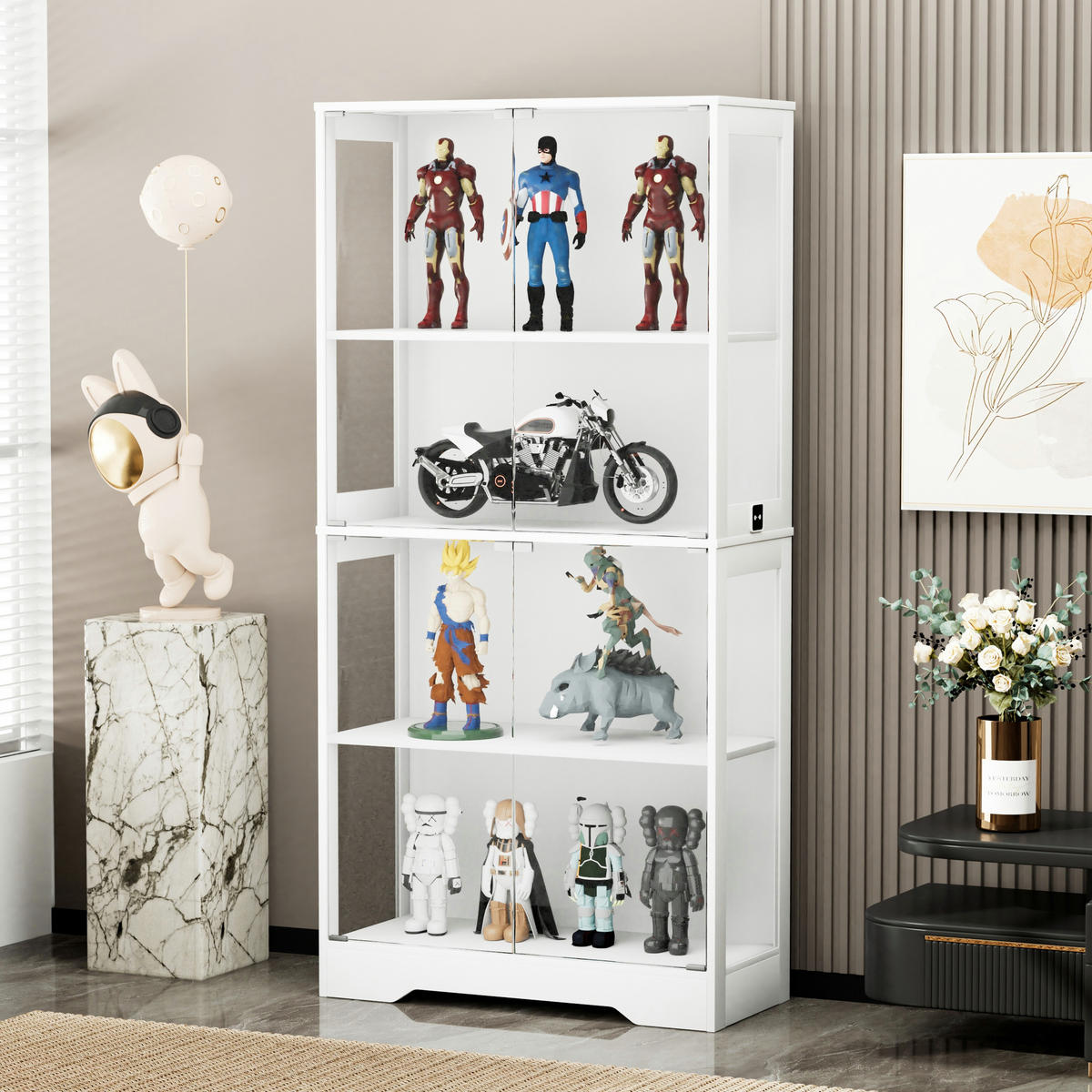GLASVITRINE aus MDF und Glas 80x35x165 cm Weiß mit LED-Beleuchtung, Sensortechnik und Stauraum - Weiß, Holzwerkstoff (80/165/35cm) - Modfu