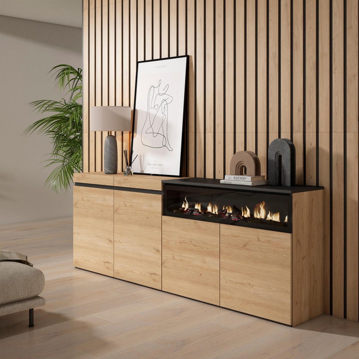 SIDEBOARD Elektrokamin, eiche, schwarz, 200/35/75cm - Multicolor, Holzwerkstoff (200/75/35cm) - Skraut Home