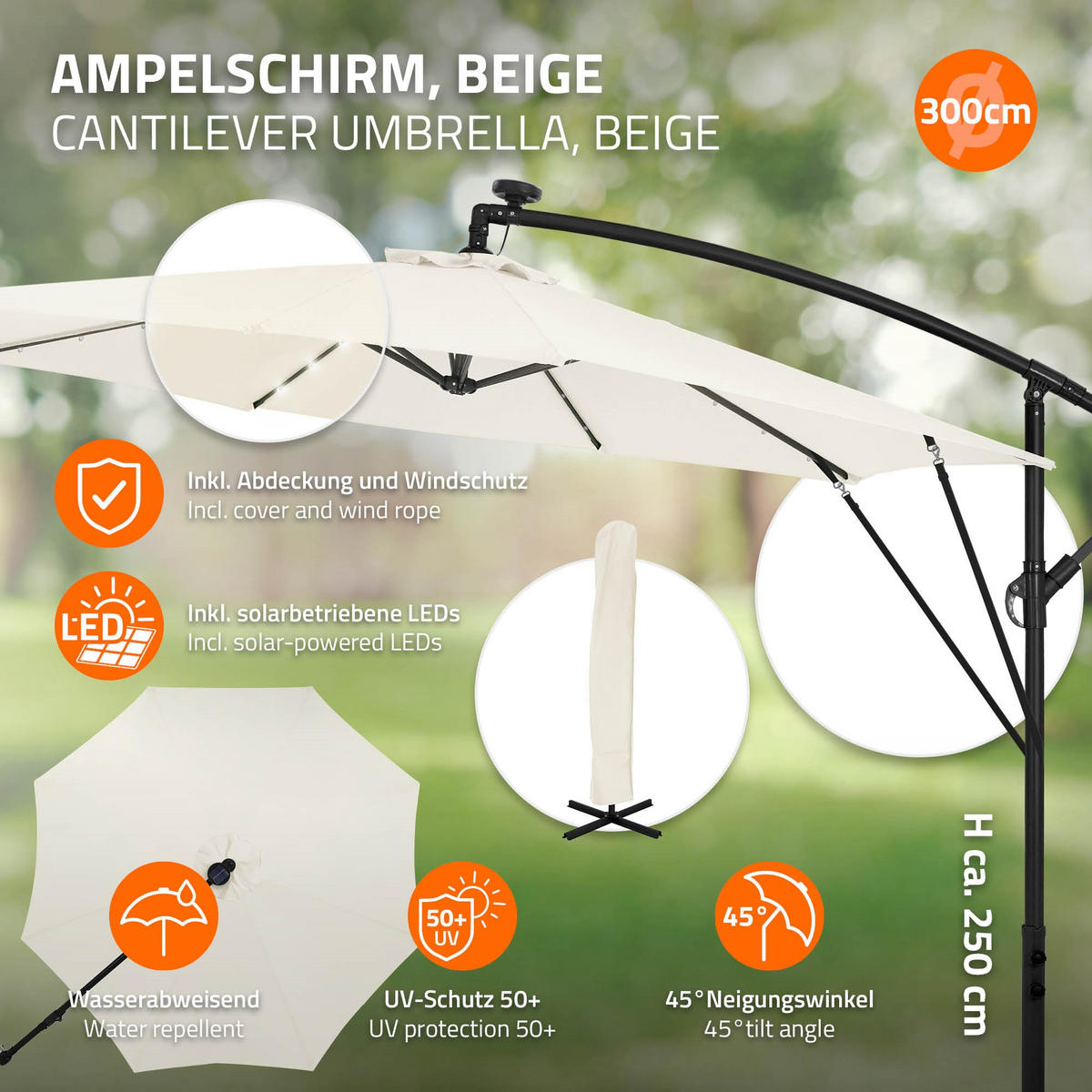 AMPELSCHIRM Ø 300 cm in Beige aus Aluminium mit LED-Solar - Beige, Metall (300/300cm) - ML-DESIGN