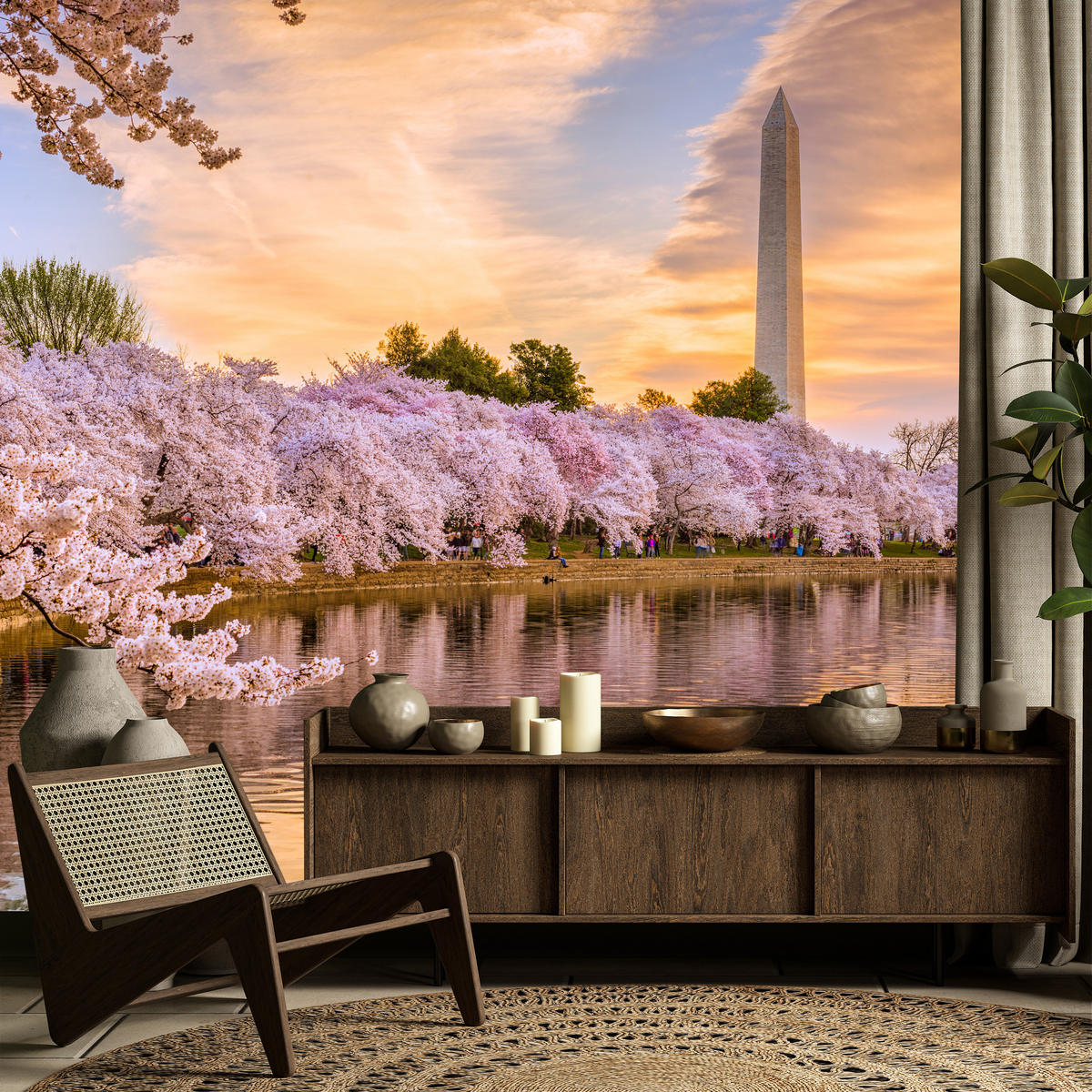 FOTOTAPETE Blühende Kirschbäume Fluss Natur Frühling Sonnenuntergang 400x280 - Blau/Gelb, Papier (400/280cm) - Muralo