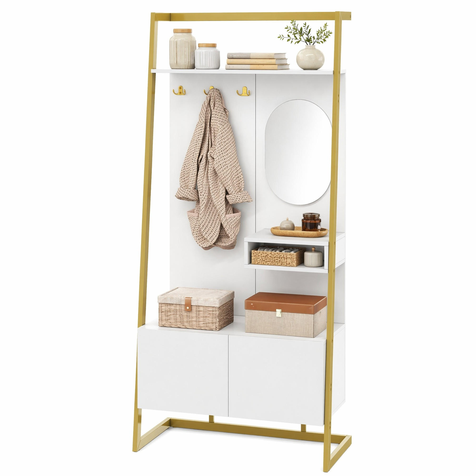 GARDEROBE-SET in Weiß und Gold mit Spiegel und Schuhbank für Eingangsbereich und Flur, B78/T38.5/H180.5 cm - Goldfarben/Weiß, Glas/Holzwerkstoff (78/180.5/38.5cm) - STILVORA