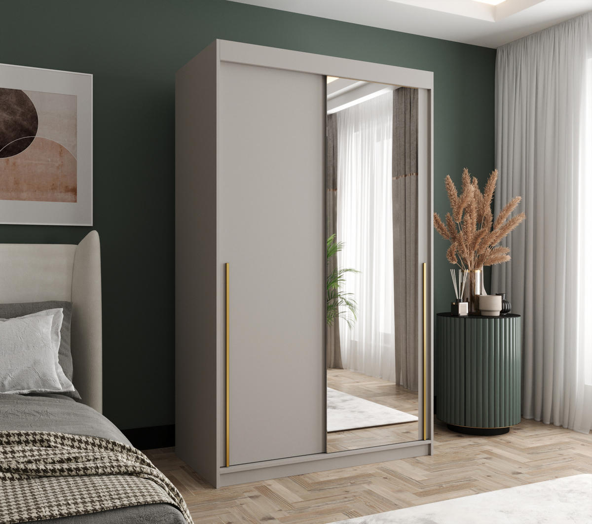 SCHIEBETÜRENSCHRANK mit Spiegel 120 cm Breite Kaschmir mit Goldgriff - Kaschmir/Goldfarben, Holzwerkstoff (250/200/62cm) - Home Collective
