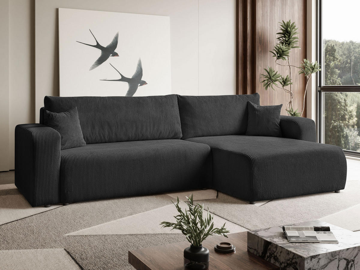 ECKSOFA Sofia in L-Form 277 x 143 cm Schlaffunktion Bettkasten Couch Cord universale Seite, graphit - Grau, Kunststoff (143/83/277cm) - Margaret Hadas24