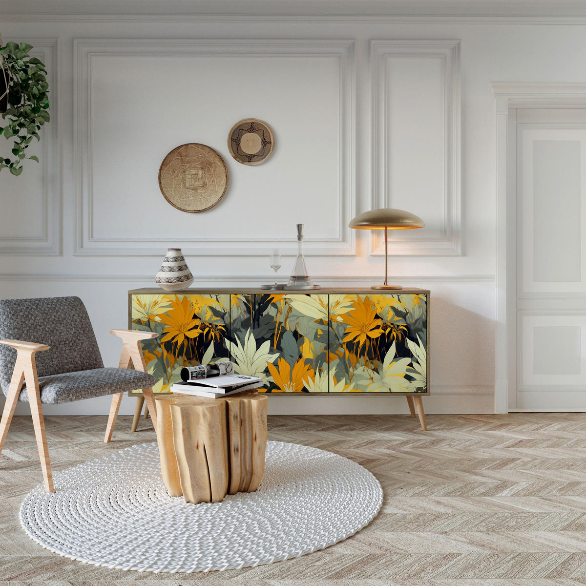 SIDEBOARD SUNKISSED LILY, Eicheneffekt, 164,5x42x77,5 cm, 3 Türen - Eichefarben/Buchefarben, Holzwerkstoff/Buchenholz (164.5/77.5/42cm) - SpaceRebels