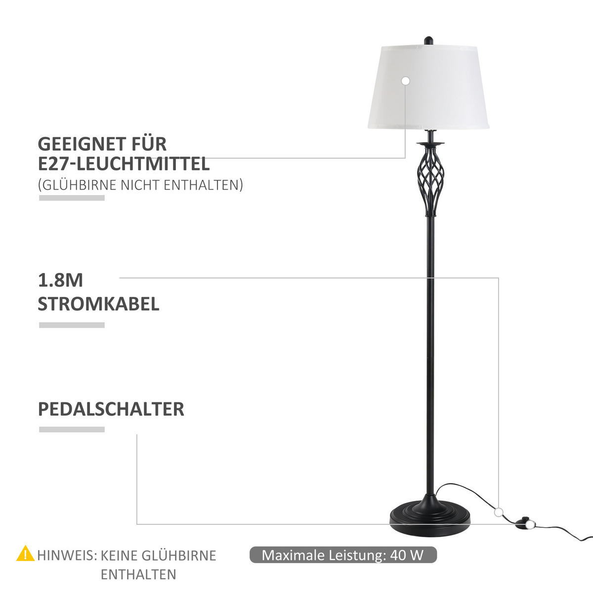 3ER-LAMPENSET 2 Tischlampe(ø38 x 158 cm) + 1 Stehlampe(ø30 x 62 cm) Weiß - Multicolor, Metall (38/158/30cm) - HOMCOM