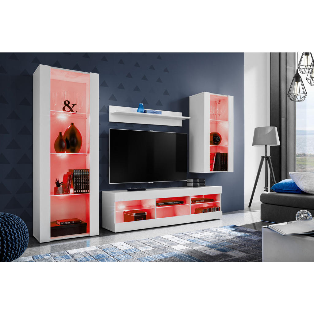Thumbnail - Komodee Wohnzimmerset, Weiß, Weiß, Holzwerkstoff, 8 Fächer, Rechteckig, 245x159x35 cm, Wohnzimmer, Wohnwände, Anbauwände