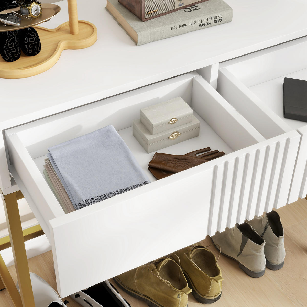 KONSOLENTISCH DE-16771 2 Schubladen, goldene Beine Weiß - Weiß, Holzwerkstoff (80/31.5/75cm) - ComfortXL