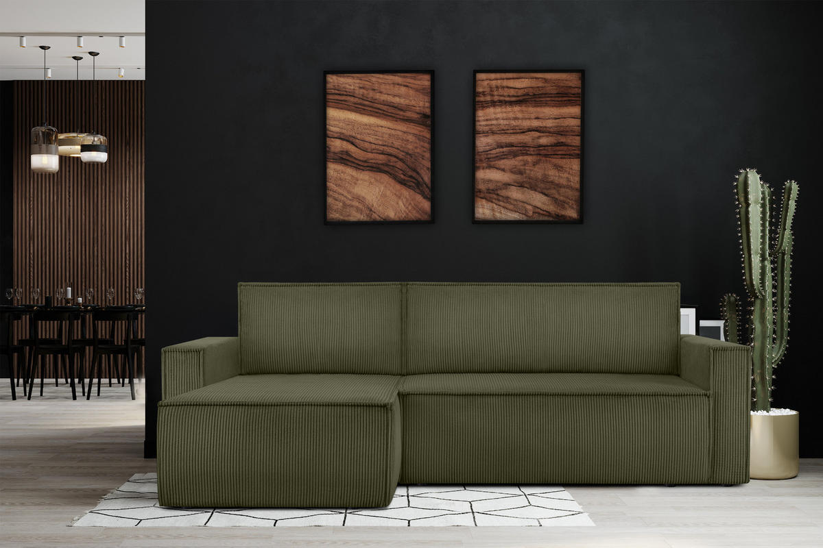ECKSOFA-LINKS/RECHTS NAPI Schlaffunktion mit Cordbezug, grün - Schwarz/Olivgrün, Textil (246/148cm) - KONSIMO®