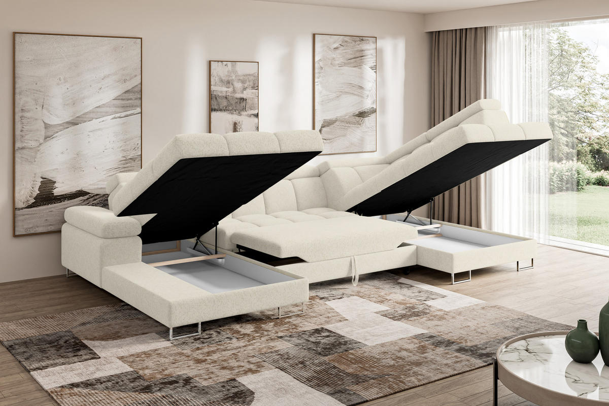WOHNLANDSCHAFT mit Schlaffunktion und Bettkasten Ottomane RECHTS COMA U 345x203x79 Creme Velours - Creme, Holzwerkstoff/Textil (203/79/345cm) - ALTDECOR