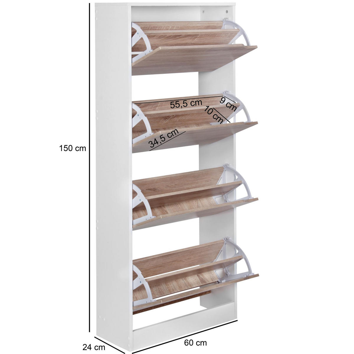 SCHUHSCHRANK – Weiß/Sonoma Eiche, 4 Fächer, für ca. 24 Paar Schuhe - Weiß, Holz (60/150/24cm) - KADIMA DESIGN