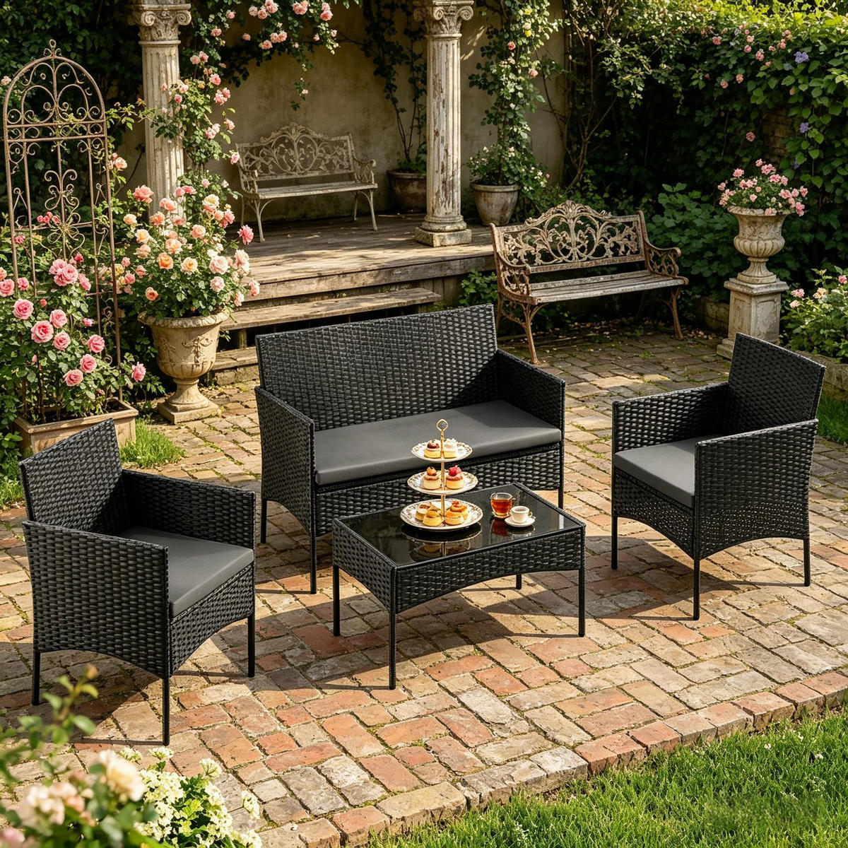 DINING-LOUNGESET 4 Stück mit 1 Couchtisch, 2 Sessel, 1 Doppelsofa - Schwarz, Textil - Coonoor
