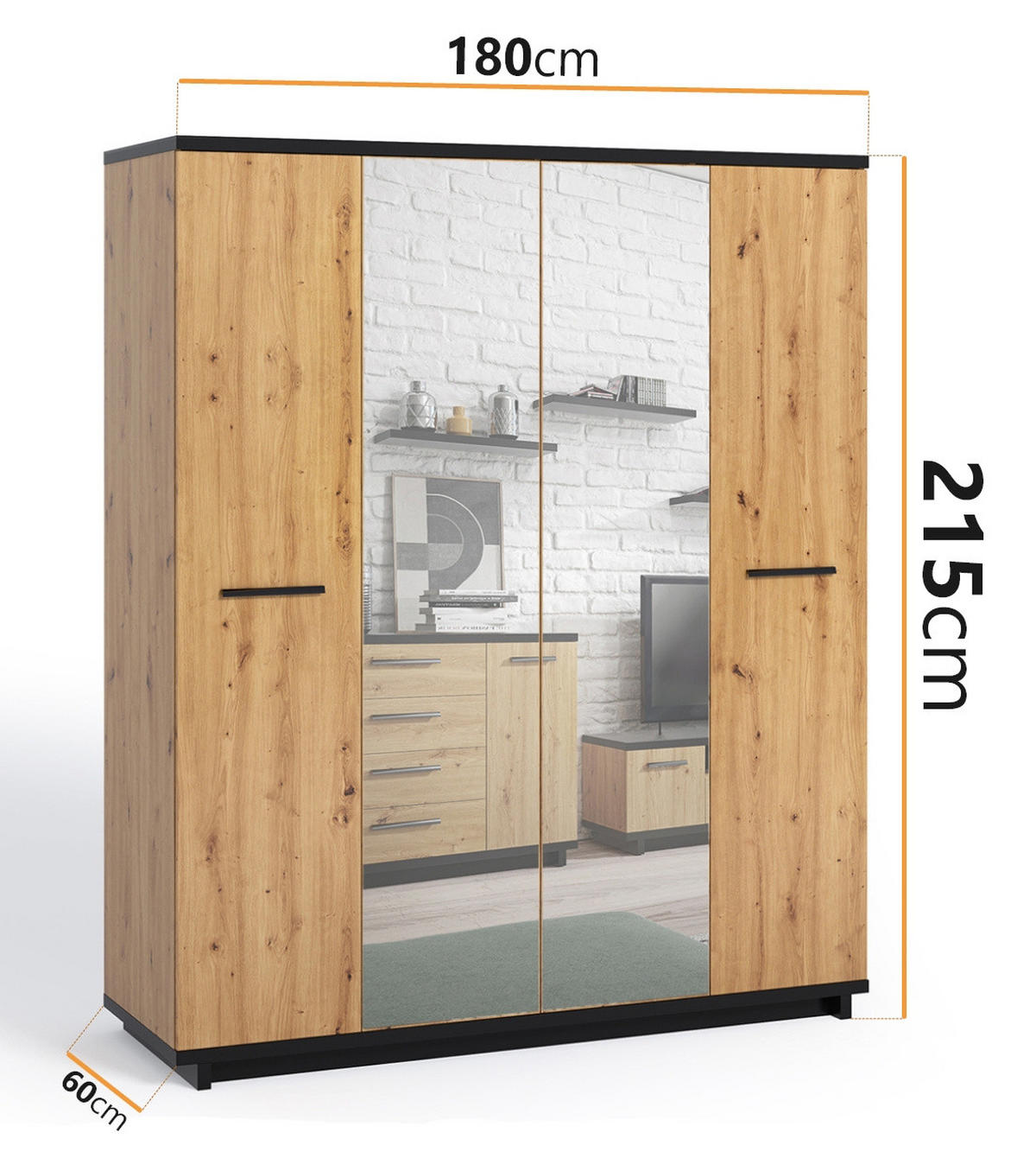 DREHTÜRENSCHRANK Zonda 180/215/60 mit Spiegel 4-türig - Schwarz/Eiche Artisan, Holzwerkstoff/Kunststoff (180/215/60cm) - Ravio