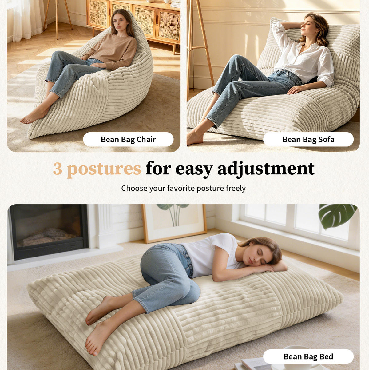SITZSACK 3-in-1 Weiß Cord - Weiß, Kunststoff (125/10/180cm) - Meubliv