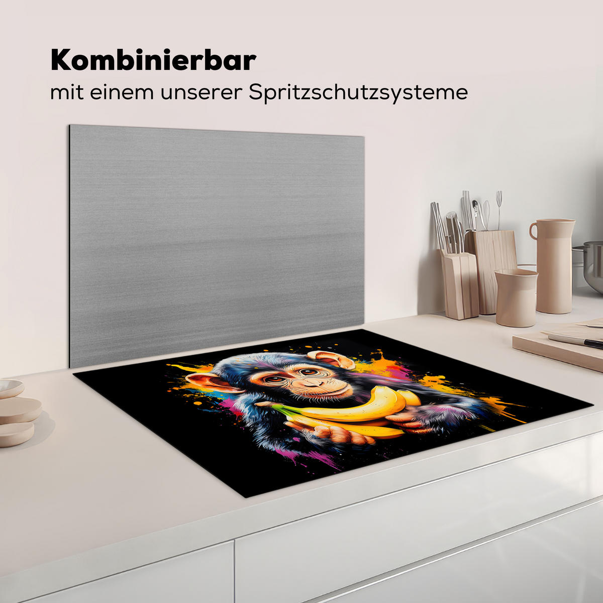 KRYT NA INDUKČNÍ DESKU Opice - Graffiti - Barevné - Banány - Moderní 77x59 cm - žlutá, plast (77/59/0.2cm) - MuchoWow