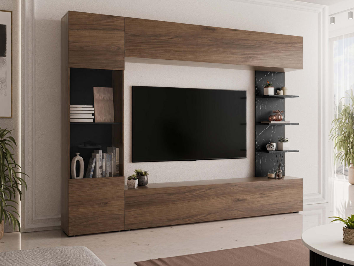 WOHNWAND Lazando - Nussbaumfarben/Schwarz, Holzwerkstoff (250/187/30cm) - MIRJAN24