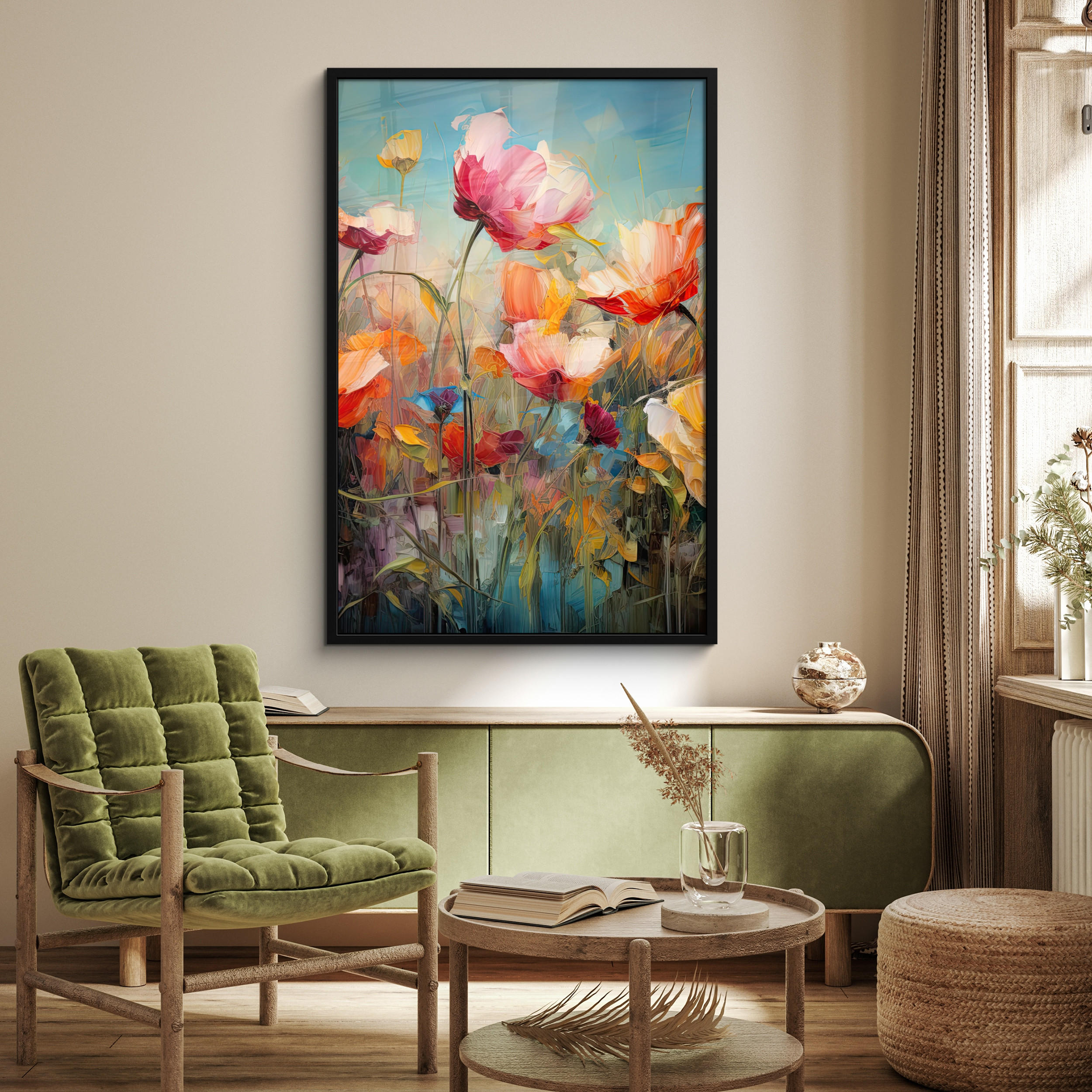 GERAHMTES BILD Blumen - Aquarell - Kunst - Botanisch - Natur 80x120 cm - Orange, Papier (80/120cm) - MuchoWow