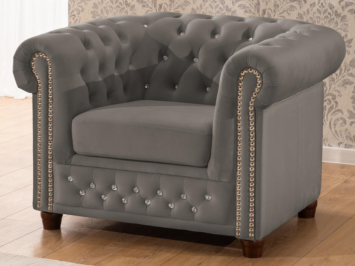 CHESTERFIELD-SESSEL Cleo Blink Grau Samt mit Kristallsteppung und braunen Massivholzfüßen - Beige/Braun, Holz/Textil (104/72/86cm) - S-Style Möbel