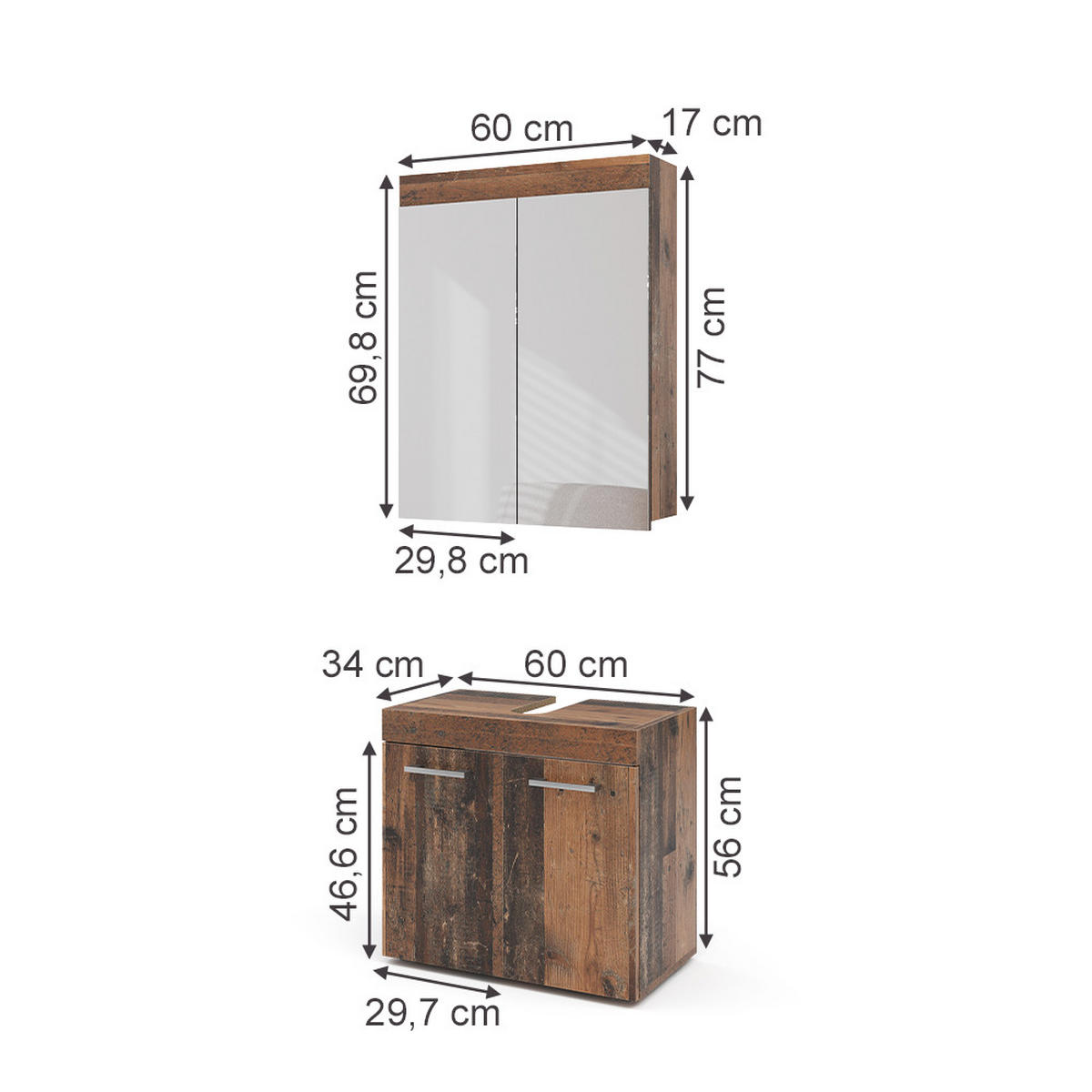 BADMÖBEL-SET Luna Oldstyle 2 Teile - Braun, Holzwerkstoff (60/56/34cm) - Vicco