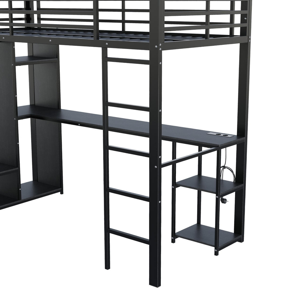HOCHBETT MDF+Metall 90x200 cm Schwarz mit Schreibtisch, LED-Lichtleiste und offenem Stauraum - Schwarz, Holzwerkstoff (90/200cm) - Modfu