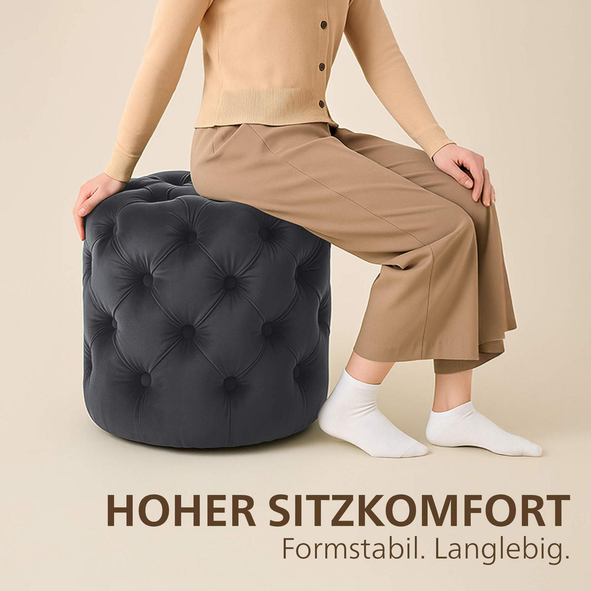 SITZPOUF rund Samt Dunkelgrau - Eukalyptusholzfarben/Dunkelgrau, Holz/Textil (42/46/42cm) - CLP