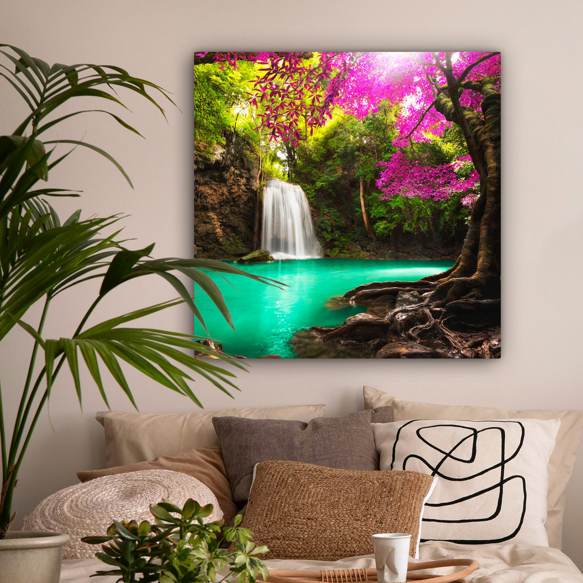 LEINWANDBILD Wasserfall mit bunten Blumen und Bäumen - Natur - Dschungel Deko Groß 90x90 cm - Waldgrün, Textil (90/90cm) - MuchoWow