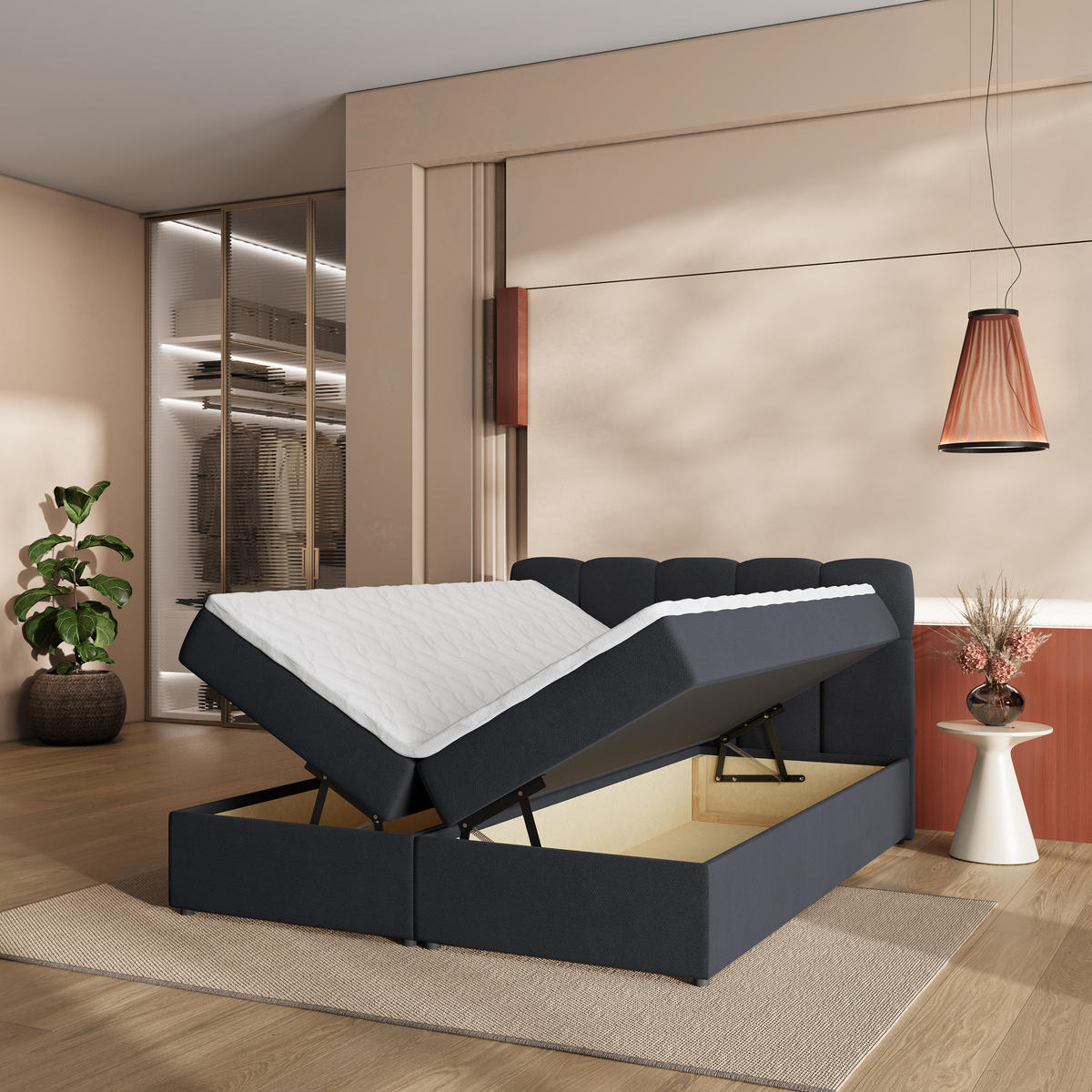 BOXBETT MERU 160x200 cm mit Matratze und Topper - Schwarz - Schwarz, Holz (160/200cm) - MASSENO