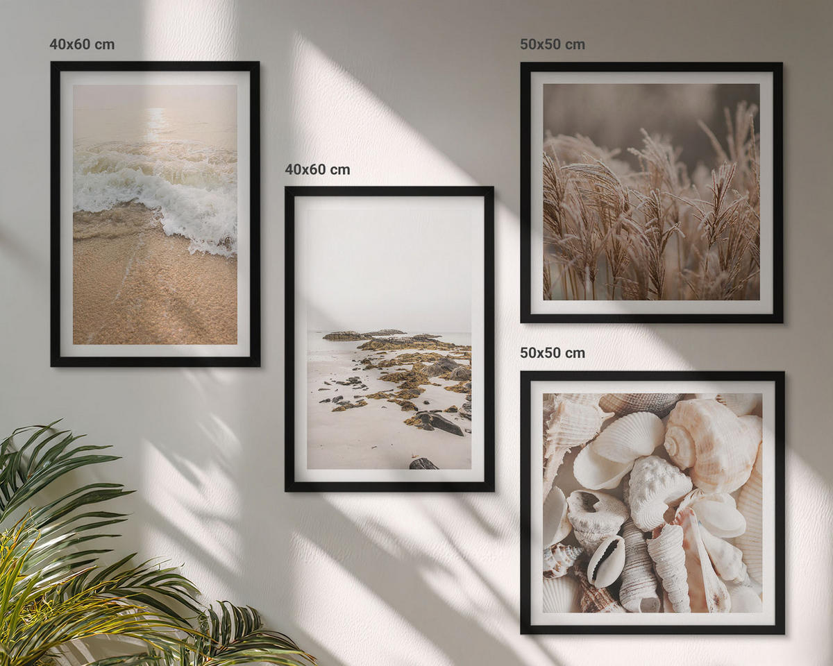 BILDER SET 4er Set - 50x50 cm & 40x60 cm Schwarzer Rahmen - Strandgras, Wellen, Steine, Boho-Stil - Schwarz, Kunststoff (50/50cm) - TULUP