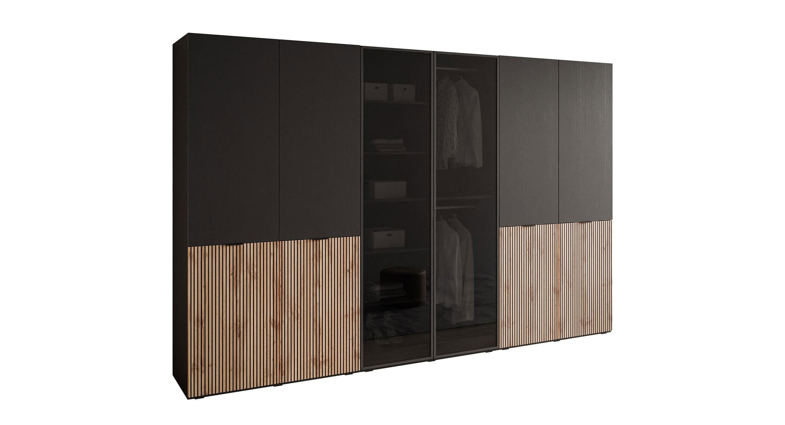 Lookway Kleiderschrank Schwarz, Eiche Wotan 303x200x49 cm