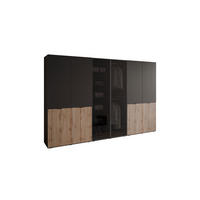 KLEIDERSCHRANK SANDBOX LOFT 300 303/49/200 cm Schwarzgraphit / Schwarzgraphit + Eiche Wotan + Schwarzes Glas ohne LED ohne Zusatzböden - Eiche Wotan/Schwarz, Holzwerkstoff/Kunststoff (303/200/49cm) - Lookway