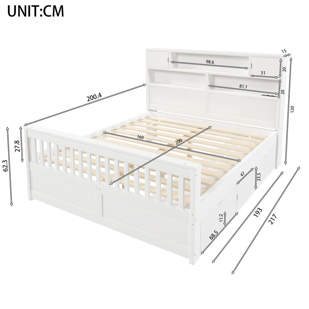 POSTEĽ s úložným priestorom 160/200 cm biela s LED čelom a 4 zásuvkami z MDF a preglejky - biela, kompozitné drevo (160/200cm) - OKWISH