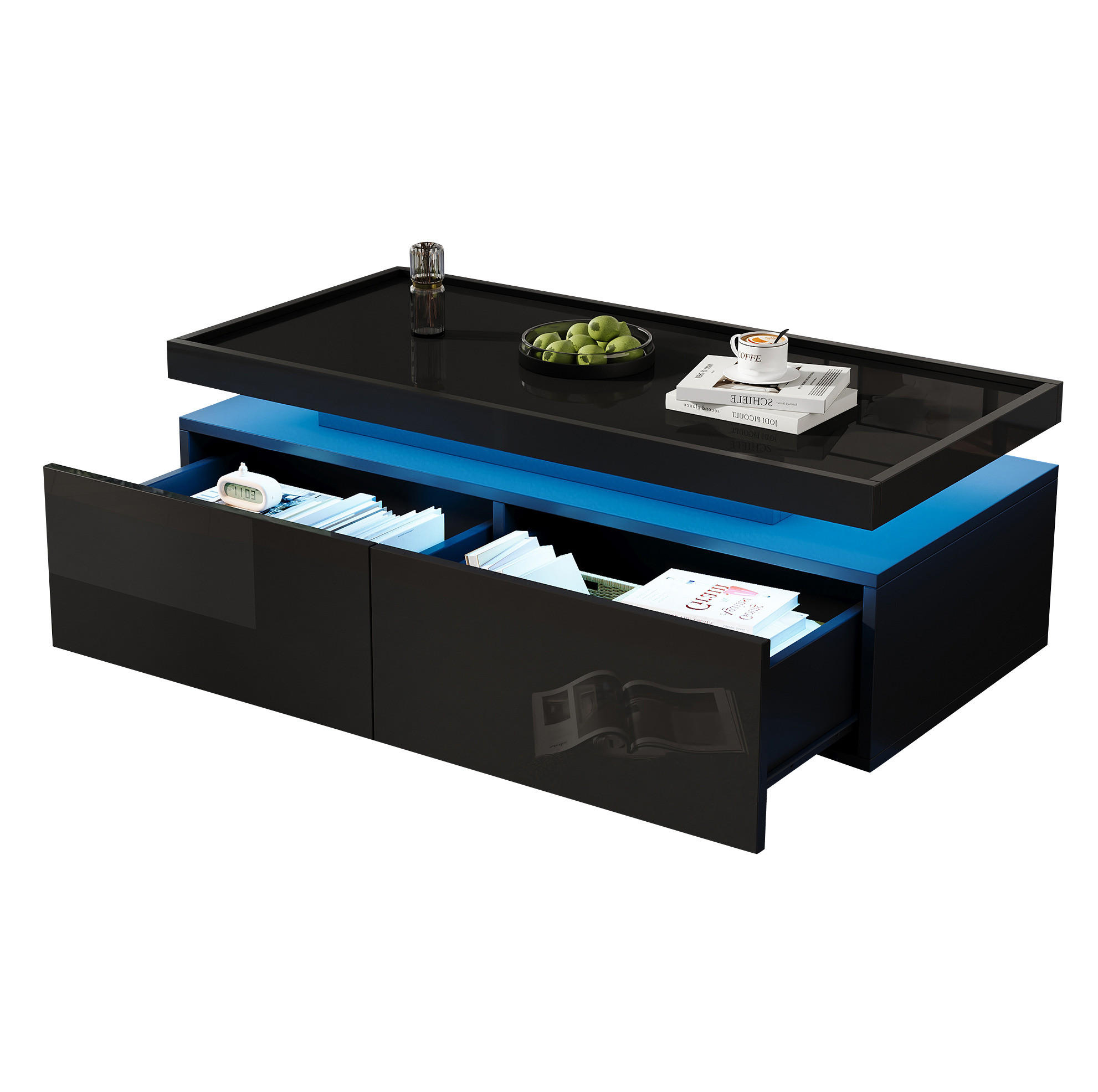 COUCHTISCH 95/45/35 cm in Schwarz aus Spanplatte mit LED und 2 Schubladen - Schwarz, Holzwerkstoff (95/45/35cm) - OKMYHOME