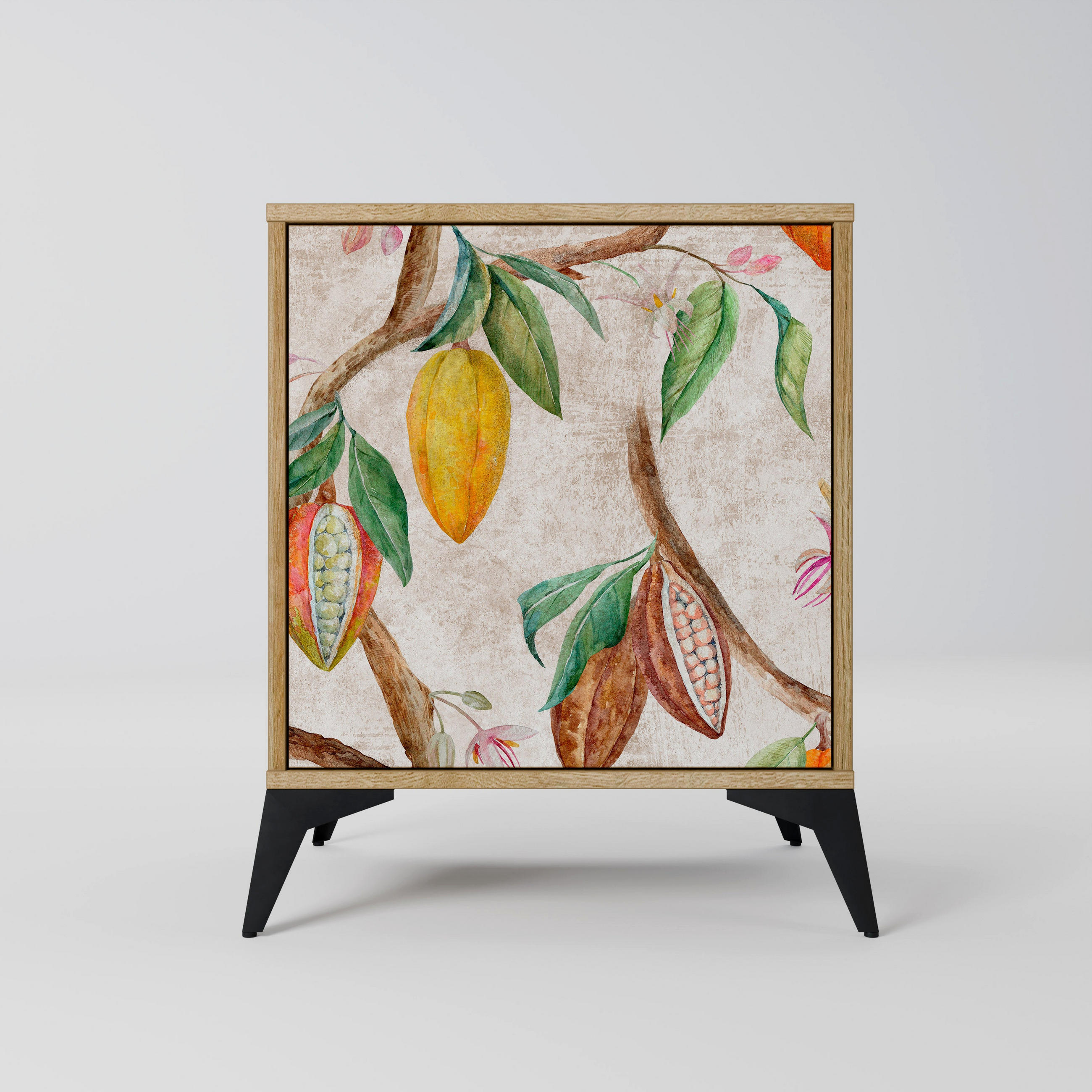 SIDEBOARD COCOA FRUITS, Eichefarben, 57,5x42x70,5 cm, Schwarze Metall-Sternfüße - Eichefarben/Multicolor, Holzwerkstoff/Metall (57.5/70.5/42cm) - SpaceRebels