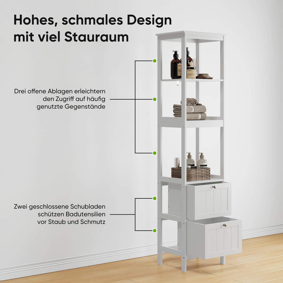 HOCHSCHRANK 40x30x160 cm Weiß aus Spanplatte mit 2 Schubladen & 3 offenen Regalen - Weiß, Holzwerkstoff (40/160/30cm) - Modfu