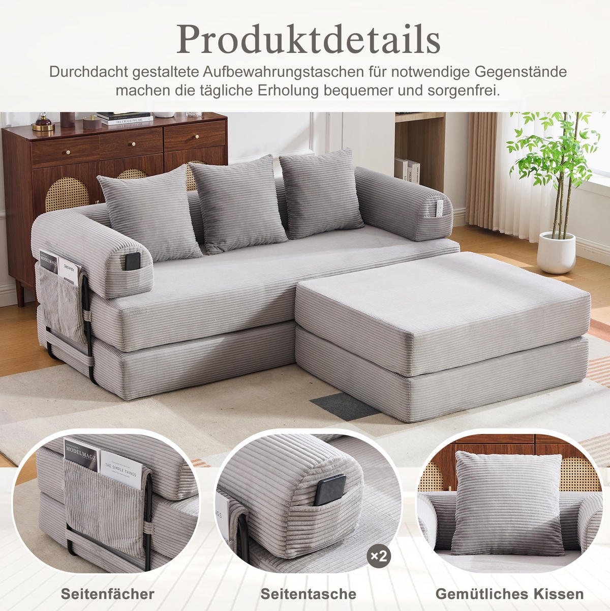 ECKSOFA aus Cord 200x190x67 cm Hellgrau frei kombinierbar mit Hocker, 3 Kissen und Seitentasche - Hellgrau, Textil (200/190cm) - Modfu