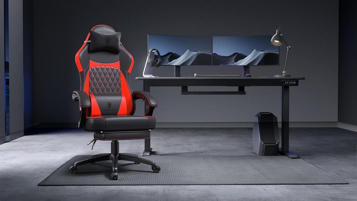 GAMING-STUHL ergonomischer mit Lendenwirbelstütze, Fußstütze, PU-Leder - Rot, Leder (65/127/63cm)