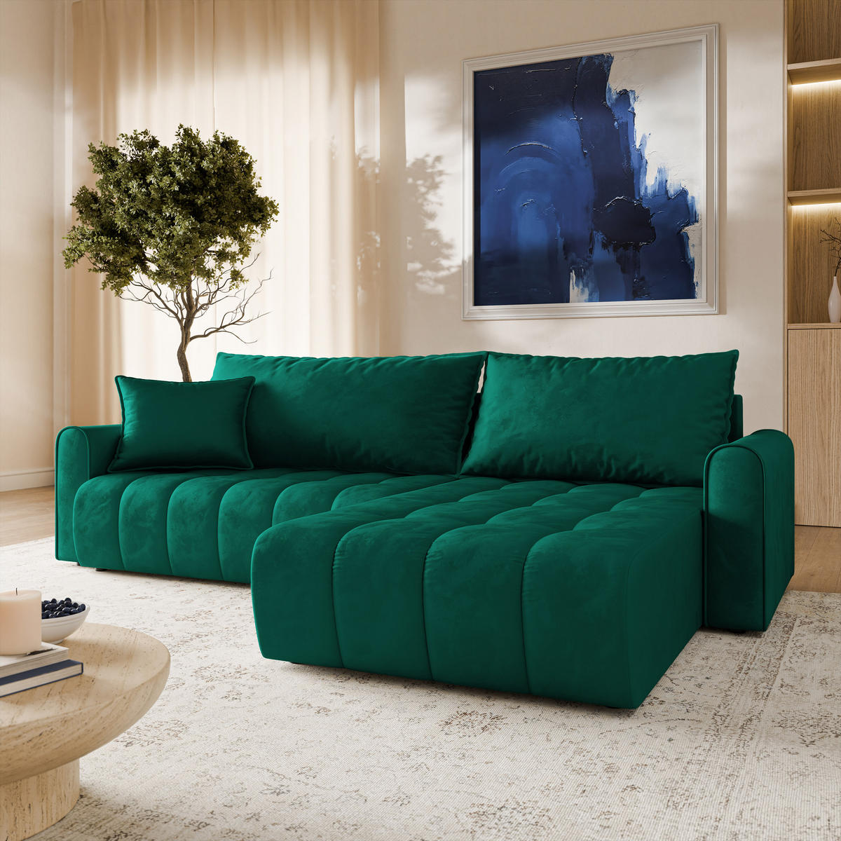 ECKSOFA FRIGA Grün Velours-Stoff mit Schlaffunktion - Grün, Holz (283/185cm) - MASSENO