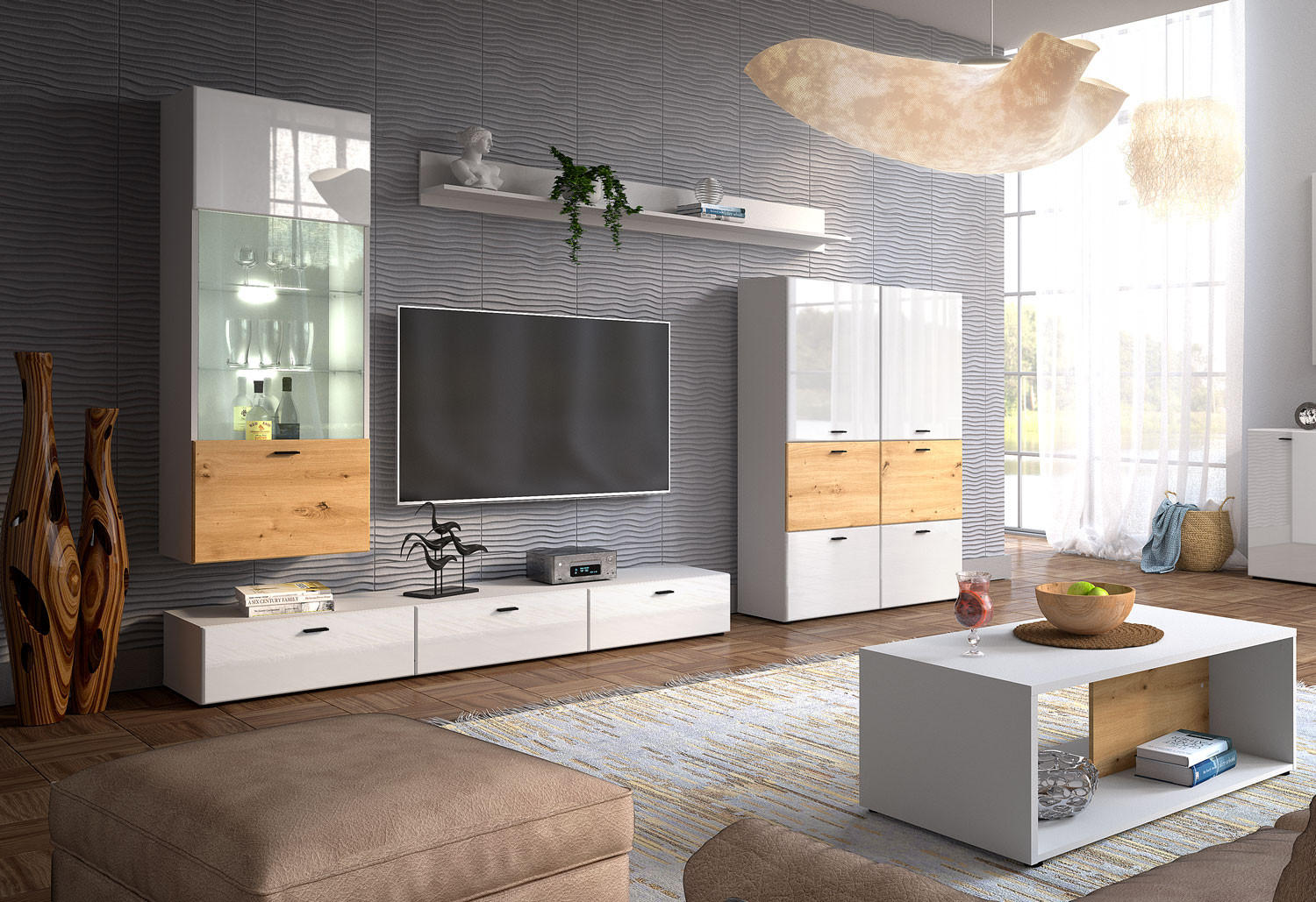 Thumbnail - Feldmann-Wohnen Wohnwand, Weiß Hochglanz, Braun, Holz, 11 Fächer, 1 Schubladen, Rechteckig, 300x144x60 cm, Wohnzimmer, W...