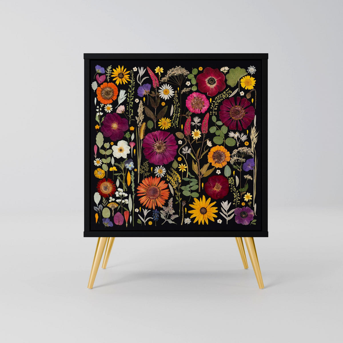 SIDEBOARD MIDNIGHT GARDEN, Schwarz, 57,5x42x67,5 cm, Schwarze Metall-Rahmenfüße - Multicolor/Schwarz, Holzwerkstoff/Metall (57.5/67.5/42cm) - SpaceRebels