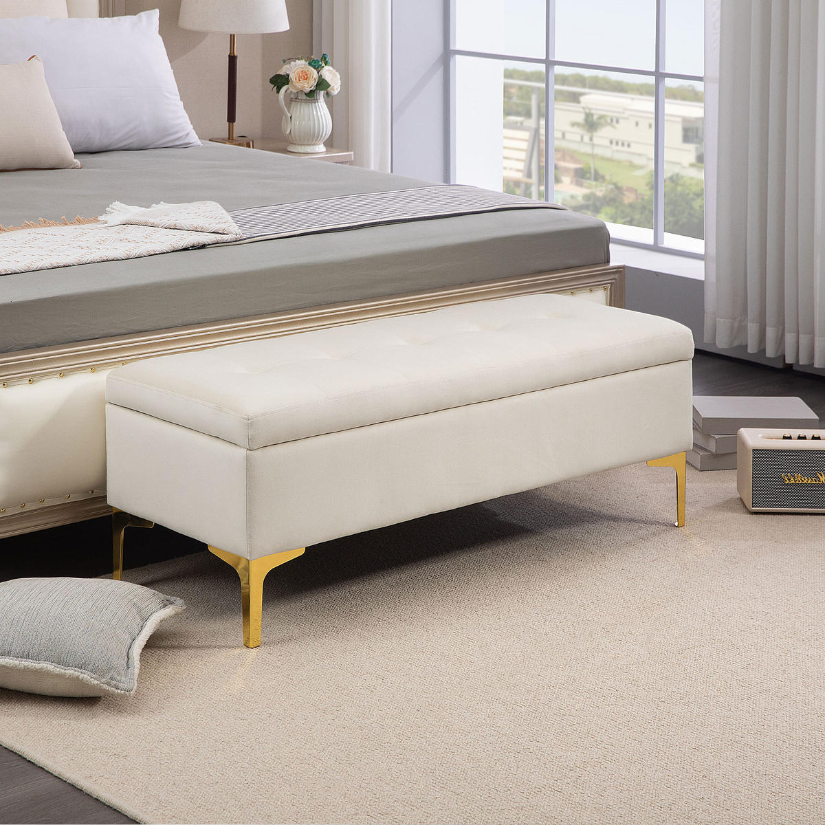 SITZBANK mit Stauraum, Polsterbank mit Samtoptik, Metallbeine, für Wohnzimmer - Beige/Goldfarben, Kunststoff/Textil (44/44.5/120cm) - HOMCOM