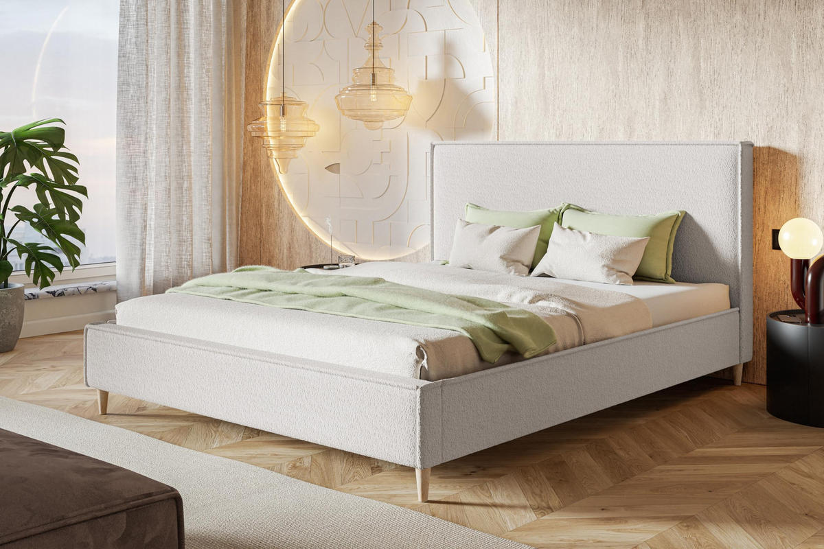 POLSTERBETT LUX RICO mit Kopfteil, 160 x 200 cm, Doppelbett mit Lattenrost aus Holz, Boucle-Stoff Weiß, Füße in Farbe: Braun - Weiß, Holz/Textil (160/200cm) - Alpi-Möbel