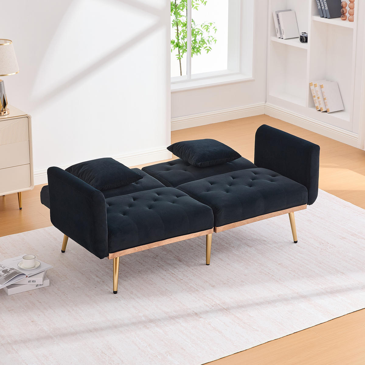 2-SITZER-SOFA mit Kissen, verstellbarer Rückenlehne, Metallfüßen, Samtbezug – Schwarz - Schwarz, Textil (72.5/75/165cm) - KOMHTOM